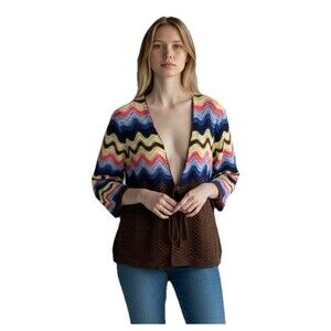 Misslook Open Knit Sweater Sz XL Chevron Zig Zag Plunge V-Neck Pullover Colorful